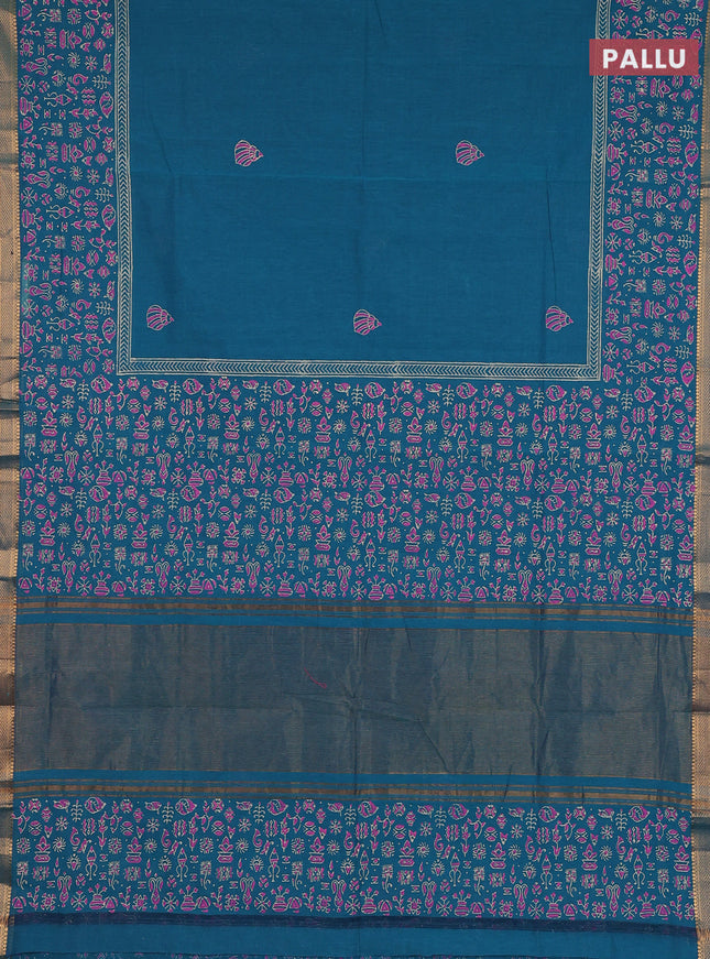 Mangalagiri cotton block printed saree peacock green with butta prints and mangalgiri border