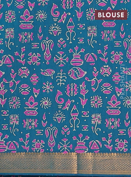 Mangalagiri cotton block printed saree peacock green with butta prints and mangalgiri border