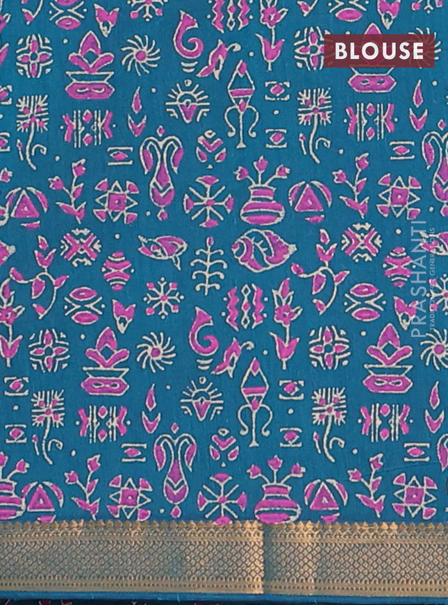 Mangalagiri cotton block printed saree peacock green with butta prints and mangalgiri border