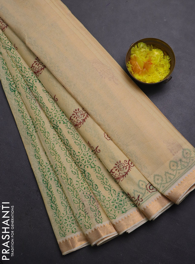 Mangalagiri cotton block printed saree pale yellow with allover prints and mangalgiri border