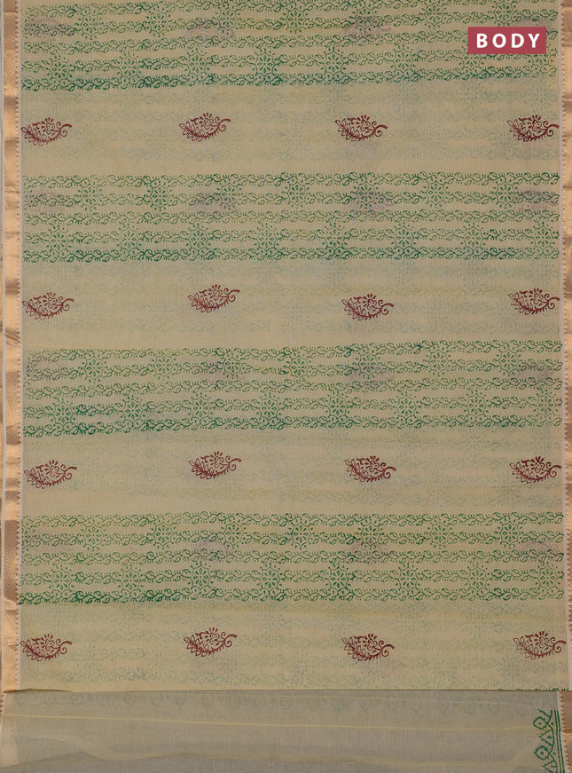 Mangalagiri cotton block printed saree pale yellow with allover prints and mangalgiri border