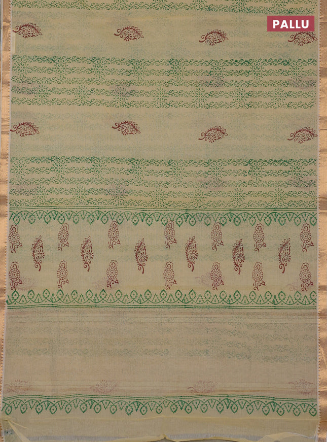 Mangalagiri cotton block printed saree pale yellow with allover prints and mangalgiri border