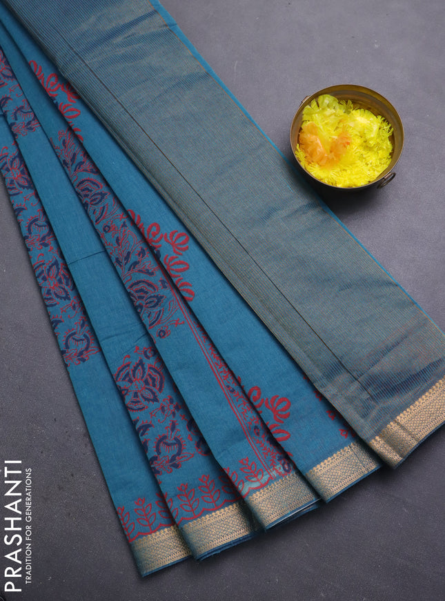 Mangalagiri cotton block printed saree peacock green with kalamkari prints and mangalgiri border