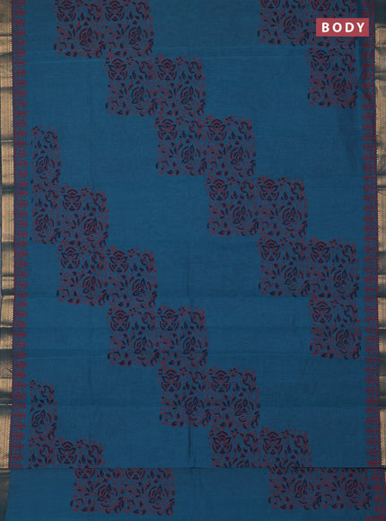 Mangalagiri cotton block printed saree peacock green with kalamkari prints and mangalgiri border