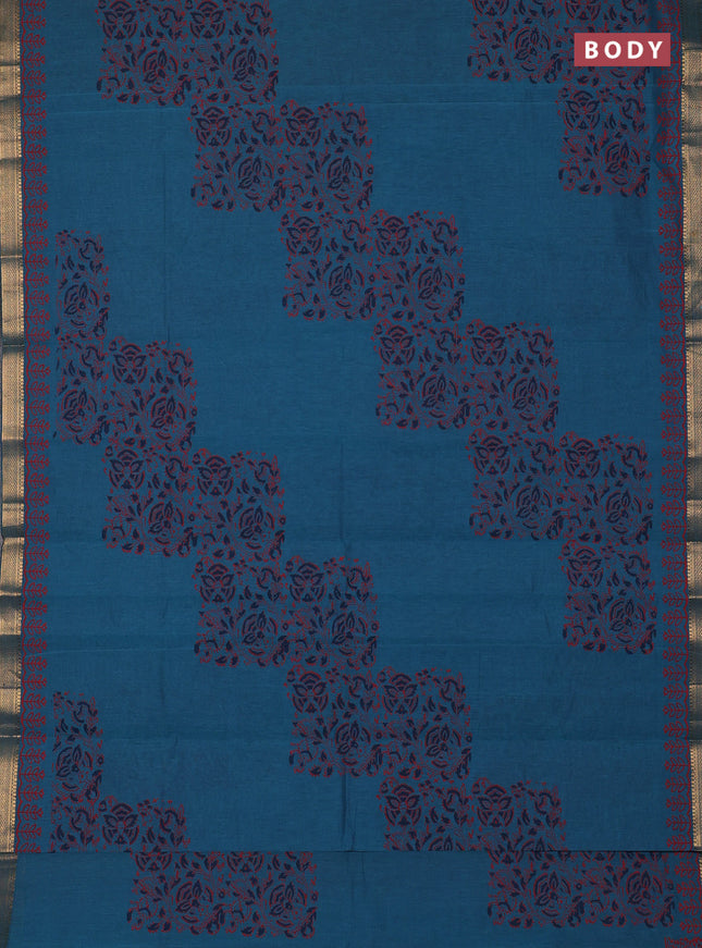 Mangalagiri cotton block printed saree peacock green with kalamkari prints and mangalgiri border