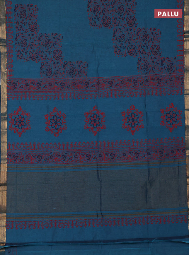 Mangalagiri cotton block printed saree peacock green with kalamkari prints and mangalgiri border