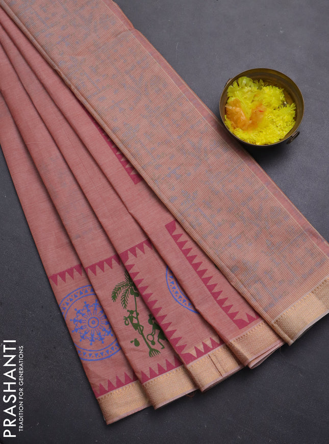 Mangalagiri cotton block printed saree rust shade with warli butta prints and mangalgiri border