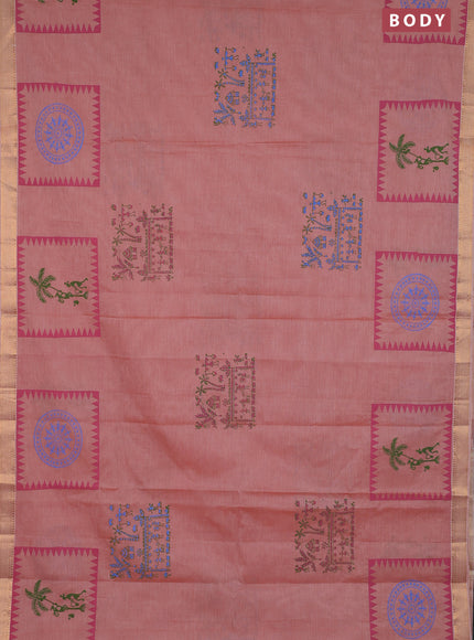 Mangalagiri cotton block printed saree rust shade with warli butta prints and mangalgiri border