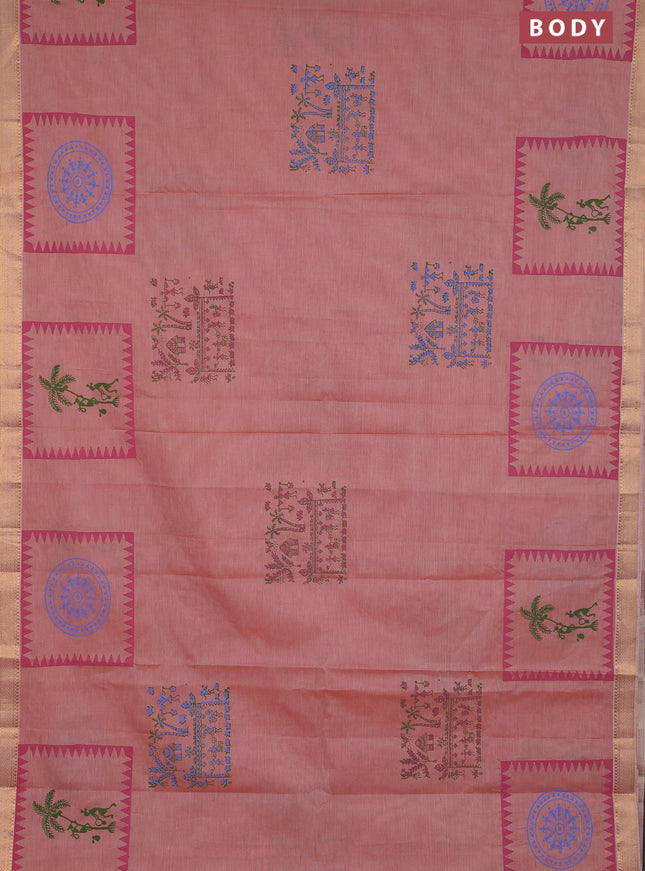 Mangalagiri cotton block printed saree rust shade with warli butta prints and mangalgiri border