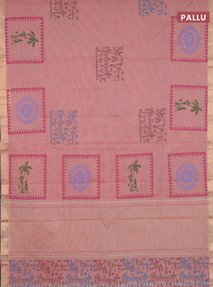 Mangalagiri cotton block printed saree rust shade with warli butta prints and mangalgiri border