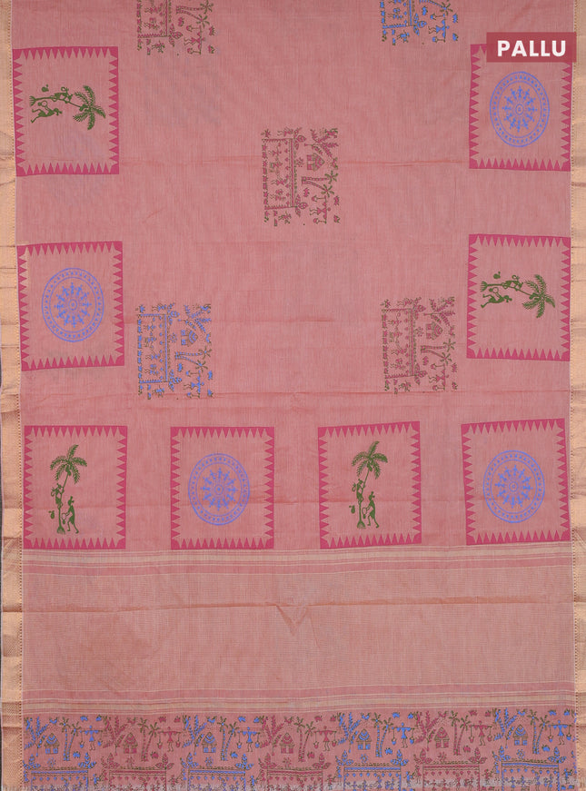 Mangalagiri cotton block printed saree rust shade with warli butta prints and mangalgiri border