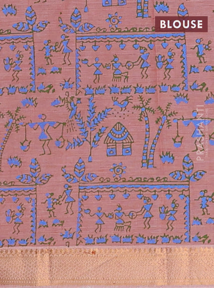 Mangalagiri cotton block printed saree rust shade with warli butta prints and mangalgiri border