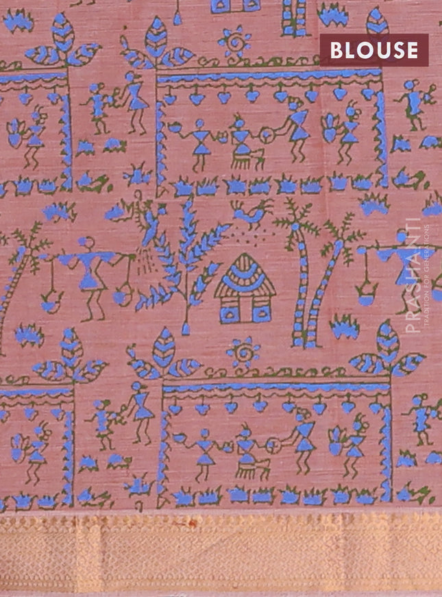 Mangalagiri cotton block printed saree rust shade with warli butta prints and mangalgiri border