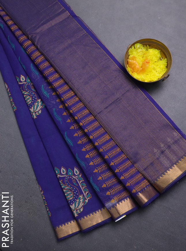 Mangalagiri cotton block printed saree violet with allover butta prints and mangalgiri border