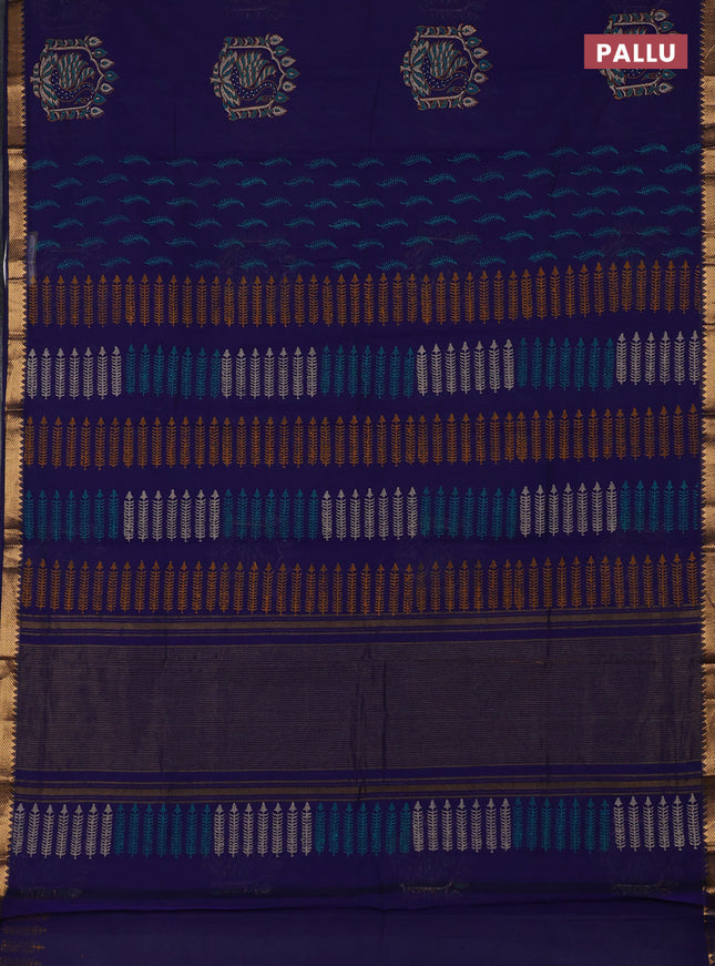 Mangalagiri cotton block printed saree violet with allover butta prints and mangalgiri border