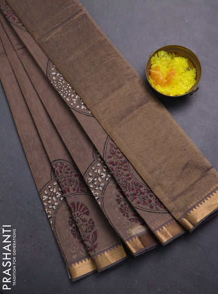 Mangalagiri cotton block printed saree pastel brown with butta prints and mangalgiri border