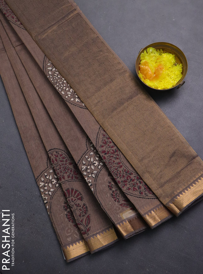 Mangalagiri cotton block printed saree pastel brown with butta prints and mangalgiri border