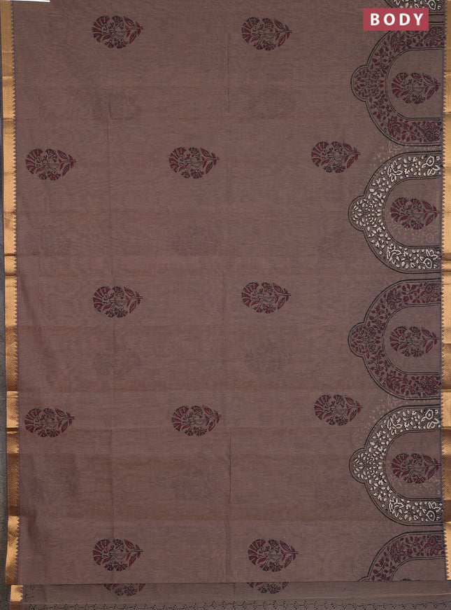 Mangalagiri cotton block printed saree pastel brown with butta prints and mangalgiri border