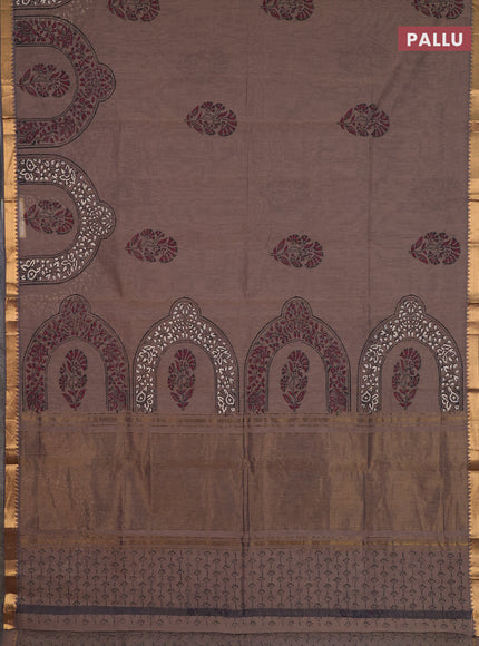 Mangalagiri cotton block printed saree pastel brown with butta prints and mangalgiri border