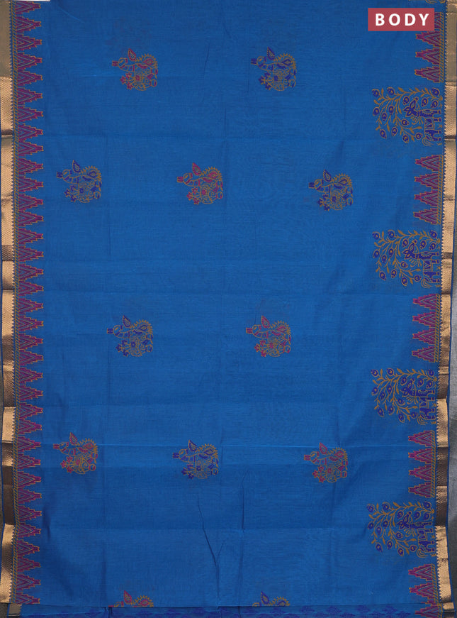 Mangalagiri cotton block printed saree cs blue with butta prints and mangalgiri border