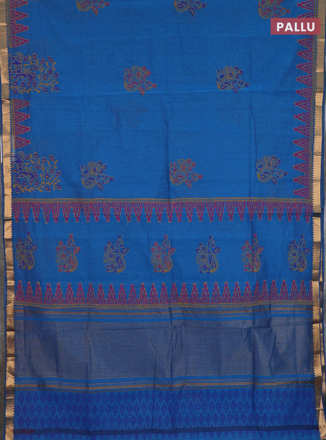 Mangalagiri cotton block printed saree cs blue with butta prints and mangalgiri border