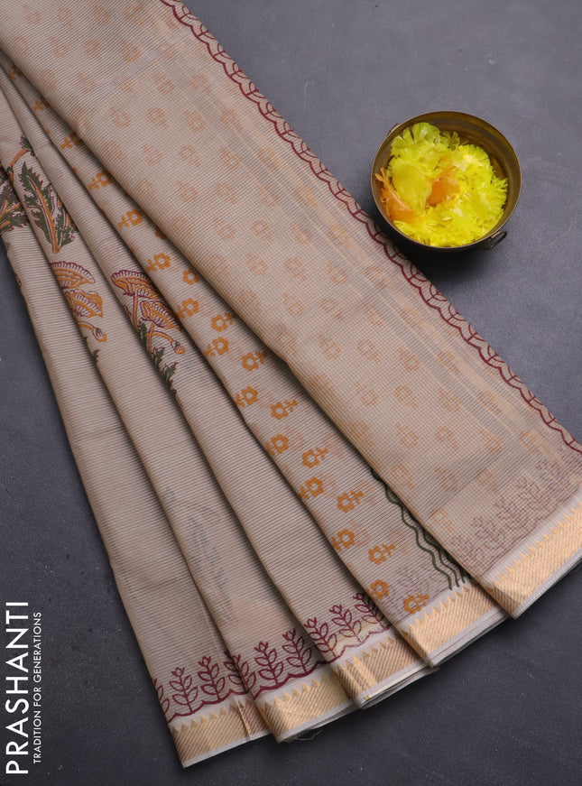 Mangalagiri cotton block printed saree beige with butta prints and mangalgiri border