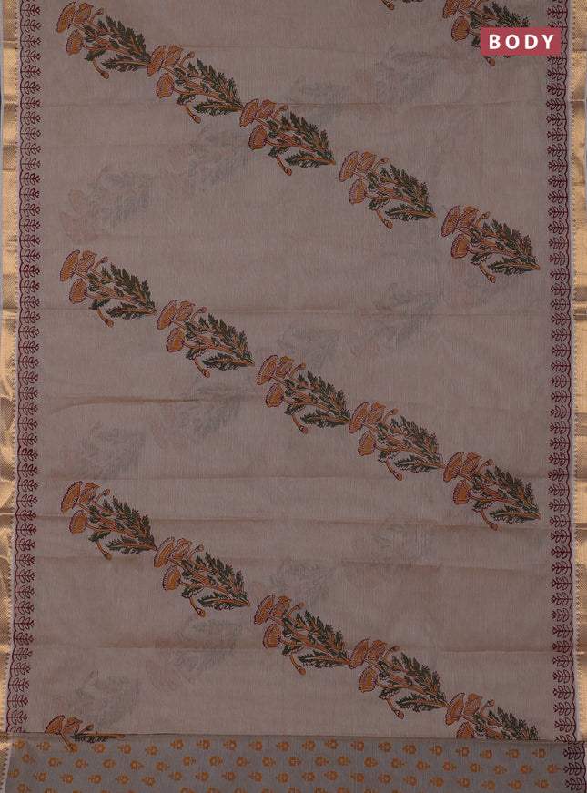Mangalagiri cotton block printed saree beige with butta prints and mangalgiri border