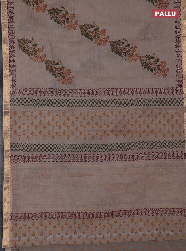 Mangalagiri cotton block printed saree beige with butta prints and mangalgiri border