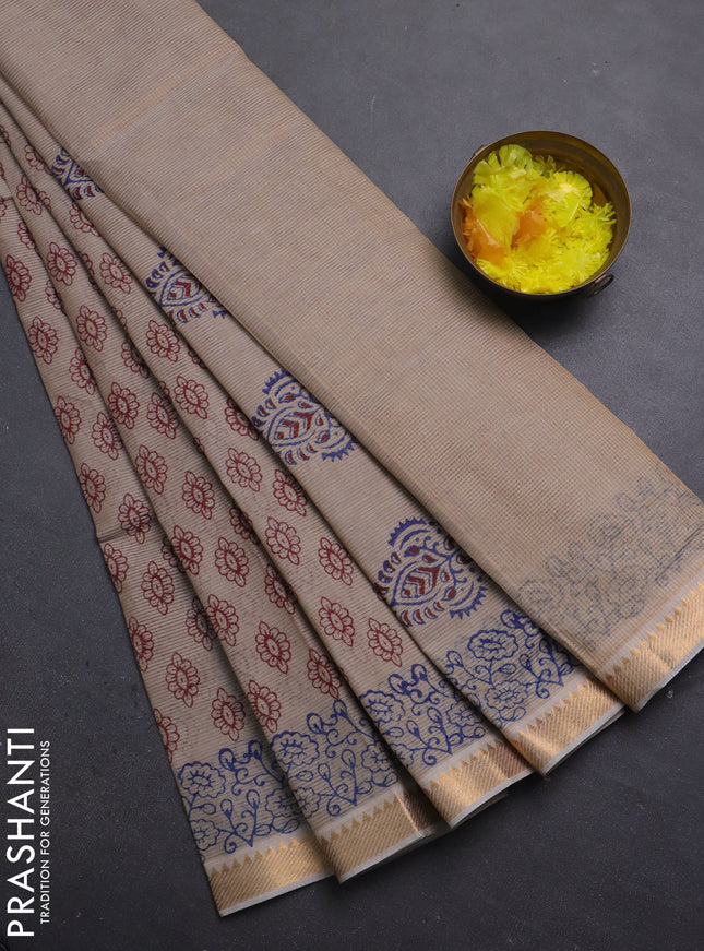 Mangalagiri cotton block printed saree beige with allover butta prints and mangalgiri border