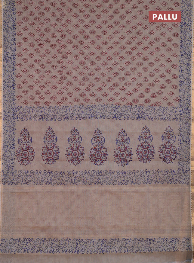 Mangalagiri cotton block printed saree beige with allover butta prints and mangalgiri border