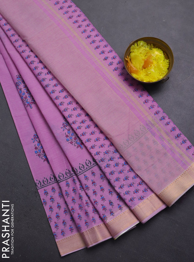 Mangalagiri cotton block printed saree lotus pink with butta prints and mangalgiri border