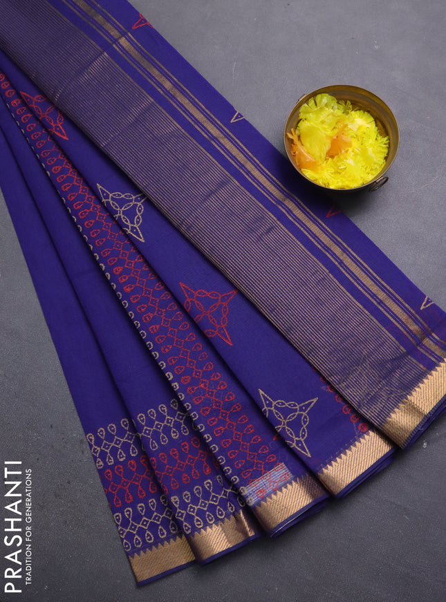 Mangalagiri cotton block printed saree violet with rangoli butta prints and mangalgiri border