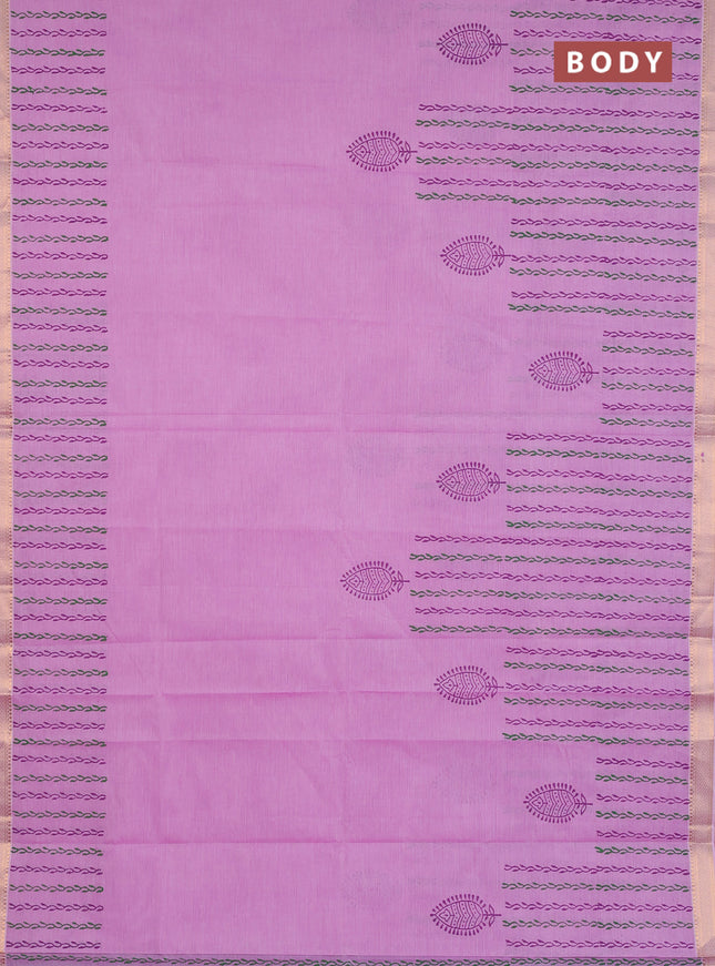 Mangalagiri cotton block printed saree mild lavender shade with butta prints and mangalgiri border