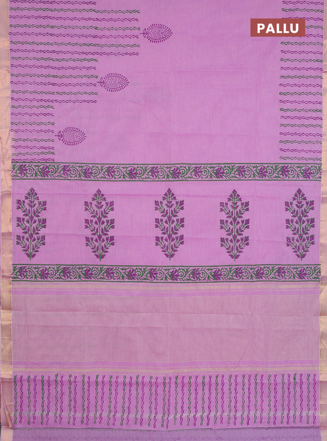 Mangalagiri cotton block printed saree mild lavender shade with butta prints and mangalgiri border