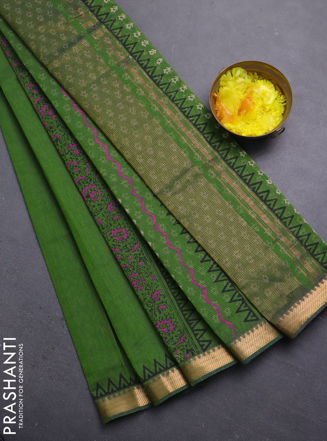 Mangalagiri cotton block printed saree green with butta prints and mangalgiri border