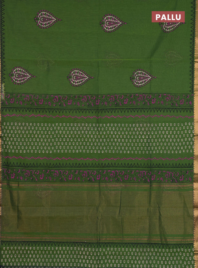 Mangalagiri cotton block printed saree green with butta prints and mangalgiri border