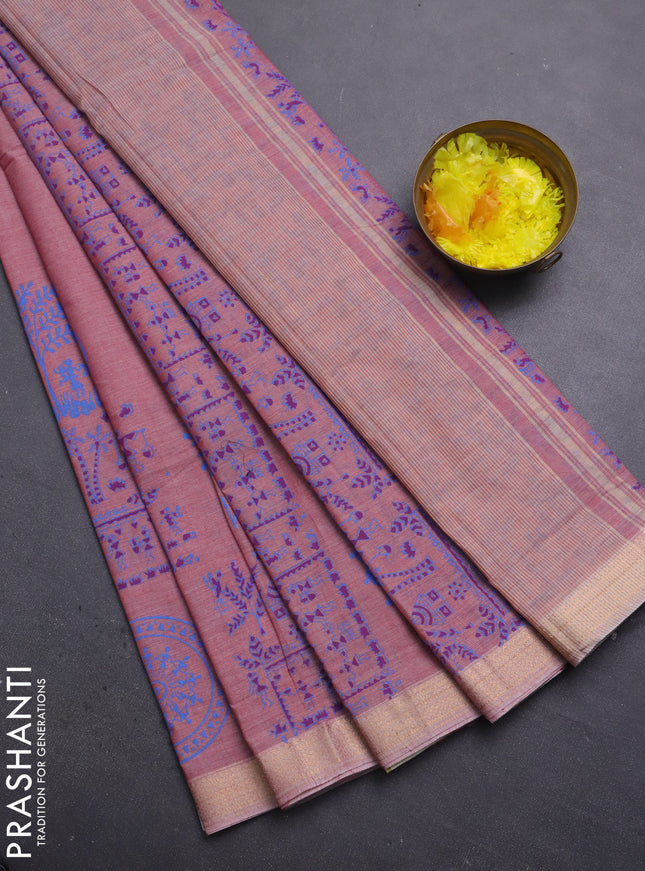 Mangalagiri cotton block printed saree pink shade with warli prints and mangalgiri border