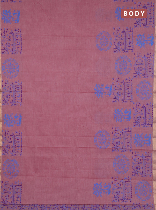 Mangalagiri cotton block printed saree pink shade with warli prints and mangalgiri border