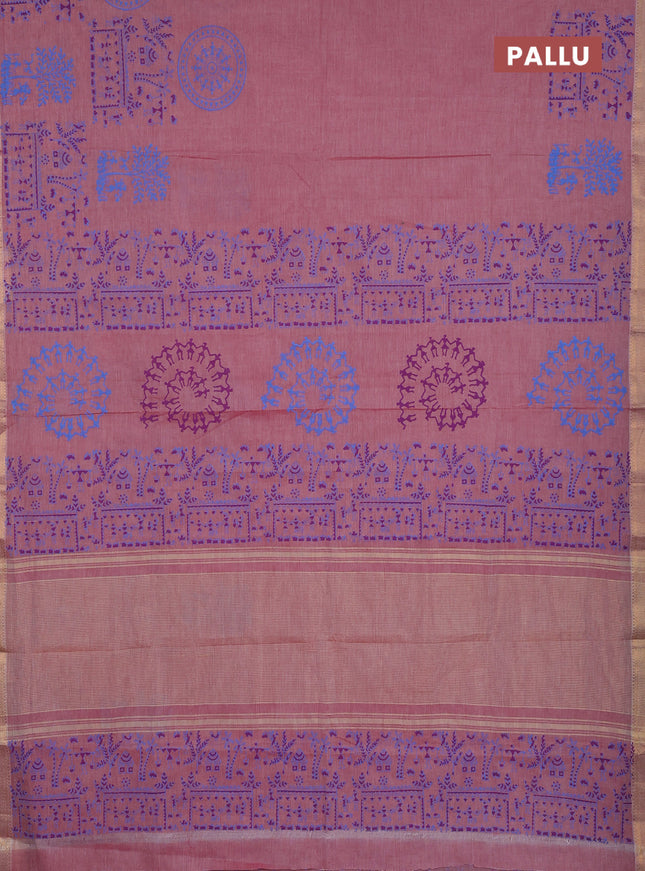 Mangalagiri cotton block printed saree pink shade with warli prints and mangalgiri border