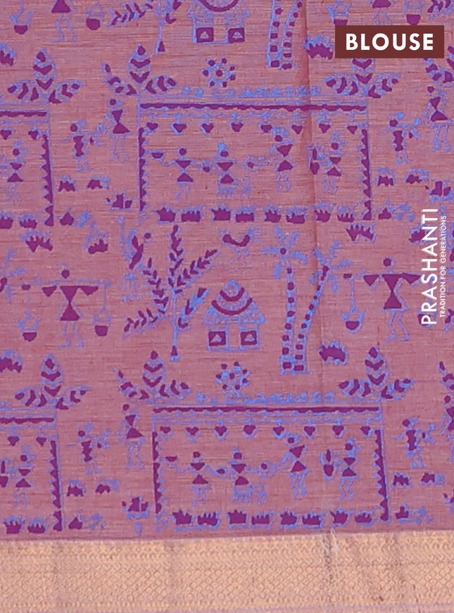 Mangalagiri cotton block printed saree pink shade with warli prints and mangalgiri border