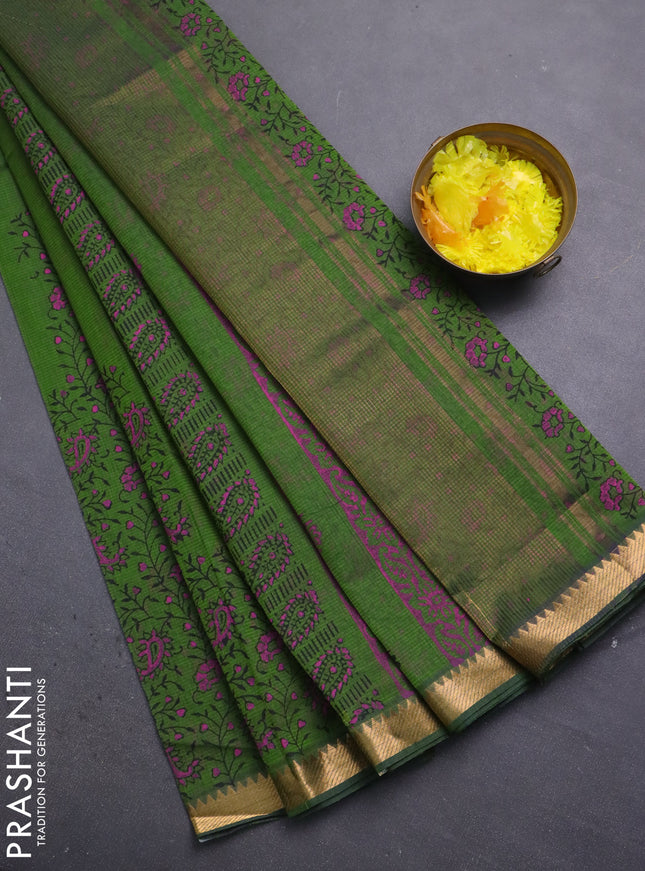 Mangalagiri cotton block printed saree mehendi green with butta prints and mangalgiri border