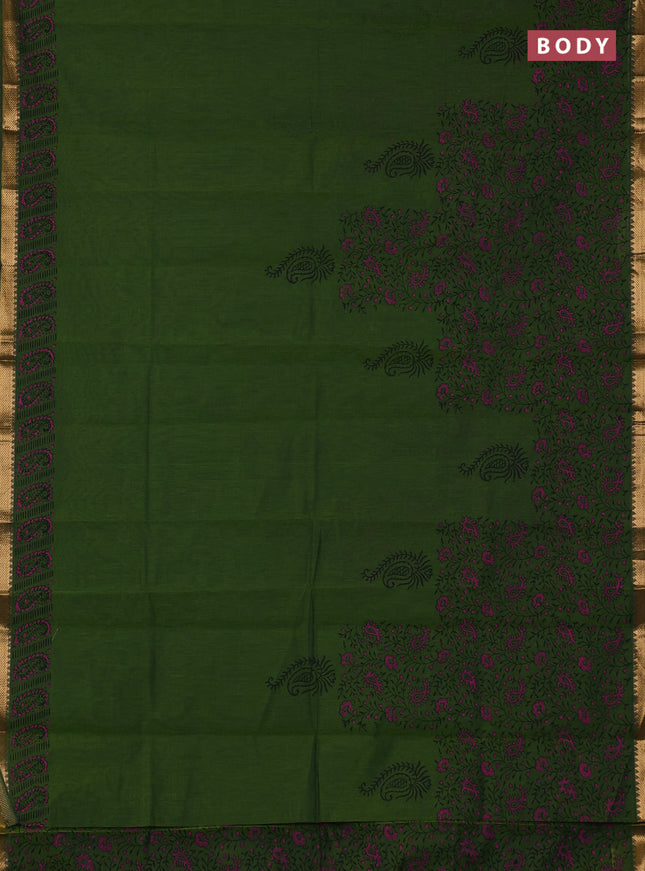 Mangalagiri cotton block printed saree mehendi green with butta prints and mangalgiri border