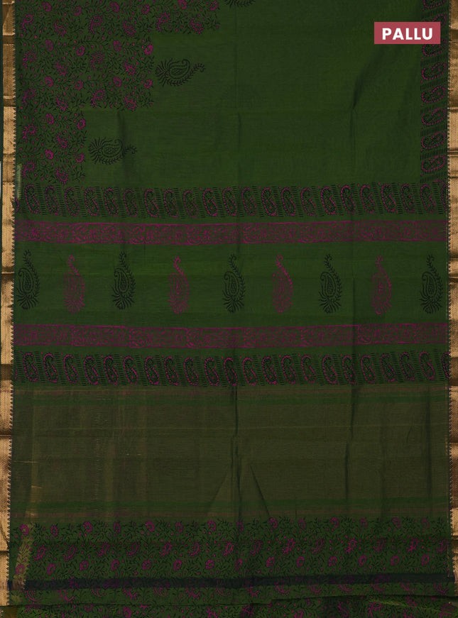 Mangalagiri cotton block printed saree mehendi green with butta prints and mangalgiri border