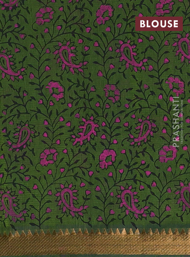 Mangalagiri cotton block printed saree mehendi green with butta prints and mangalgiri border