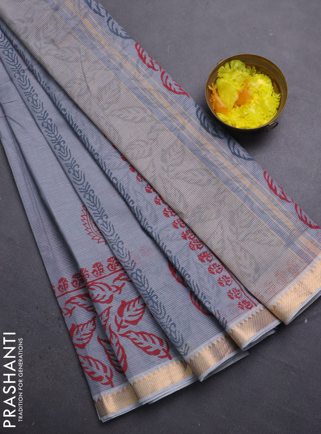 Mangalagiri cotton block printed saree grey with paisley butta prints and mangalgiri border