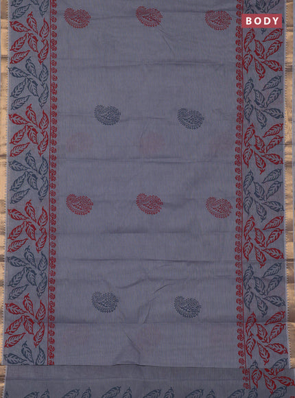 Mangalagiri cotton block printed saree grey with paisley butta prints and mangalgiri border