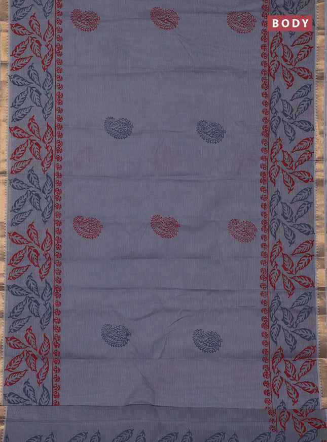 Mangalagiri cotton block printed saree grey with paisley butta prints and mangalgiri border