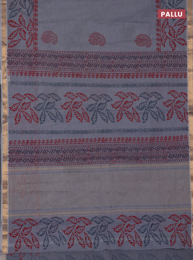 Mangalagiri cotton block printed saree grey with paisley butta prints and mangalgiri border