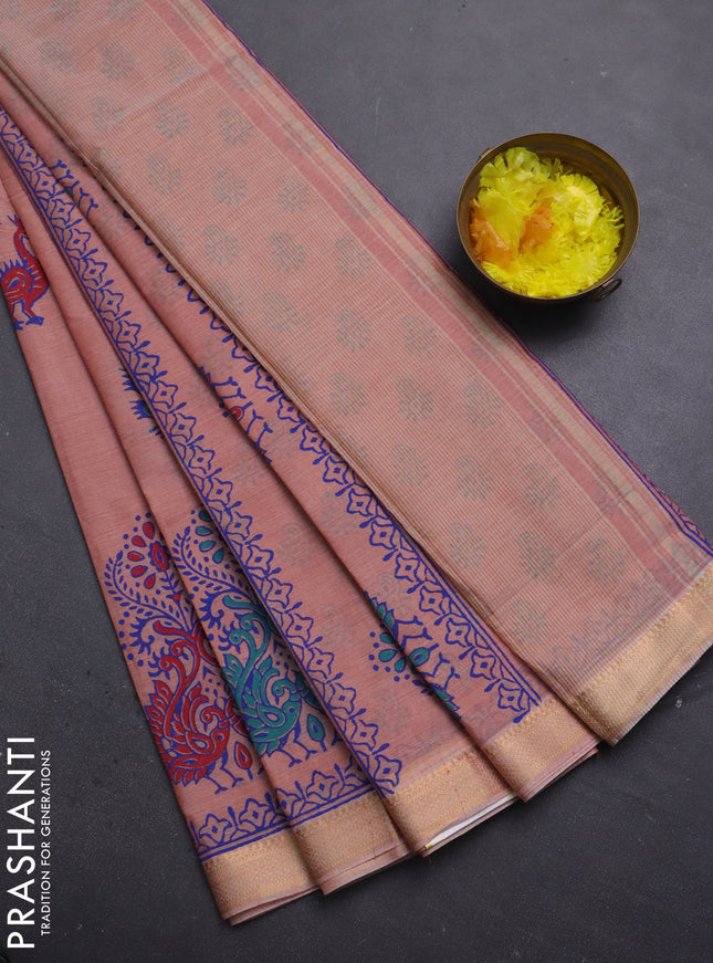 Mangalagiri cotton block printed saree rust shade with butta prints and mangalgiri border
