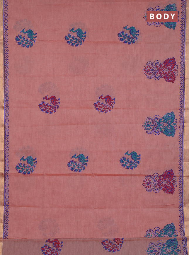 Mangalagiri cotton block printed saree rust shade with butta prints and mangalgiri border